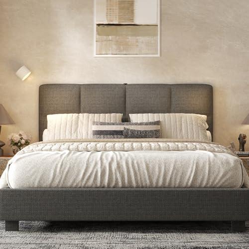 FLEXISPOT Queen Upholstered Platform Bed Frame with Adjustable Headboard, Linen Fabric, 900 lb Weight Capacity, Built-in USB & Type-C Charging Ports, SGS Certified Soft Padded Bed, Dark Grey