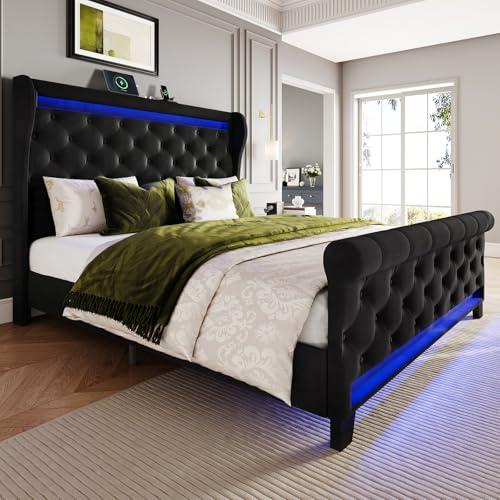 Belffin Queen Size Bed Frame with Headboard,50" Tall Headboard Upholstered Velvet Platform Bed with LED Lights & 2 USB Port/1 Type C Port, Button Tufted, No Box Spring Needed,Noise Free,Black