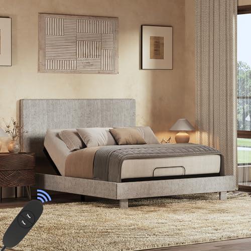 FLEXISPOT Queen All-in-One Adjustable Bed with Velvet Upholstered Bed Frame, Vertical Channel Fluted Headboard, Head & Foot Lift, Adjustable Headboard, Thick Foam Padding, Easy Assembly, Light Grey