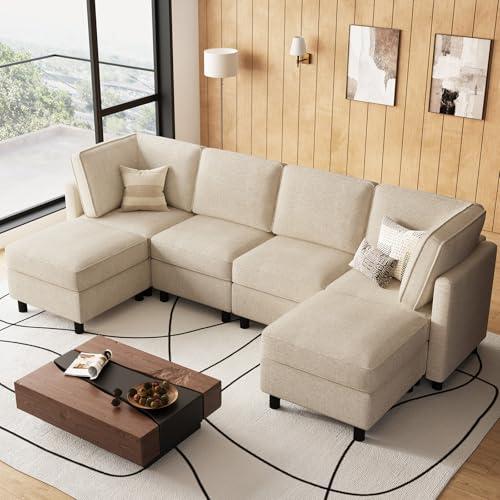 Belffin 110.2" Modular Sectional Sofa 6 Seats U Shaped Couch Washable Sectional Couches for Living Room Comfy Couches with Storage Seat Couch Sofas with Chaise,Beige