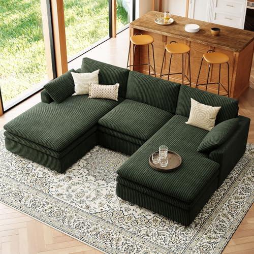 Belffin Large Modular Sectional Sofa with Double Deep Chaise, 104" Corduroy U Shaped Couch with 9" Soft Dual-Layer Seats Cushion Sectional Couches for Living Room, Apartment, Green