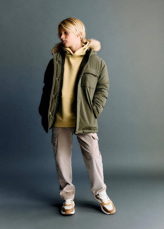 MANGO KIDS - Anorak with shearling-effect hood khaki - 10 - Boys