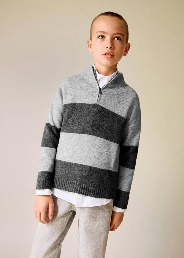 MANGO KIDS - Striped sweater with perkins neck medium heather grey - 9-10 years - Boys