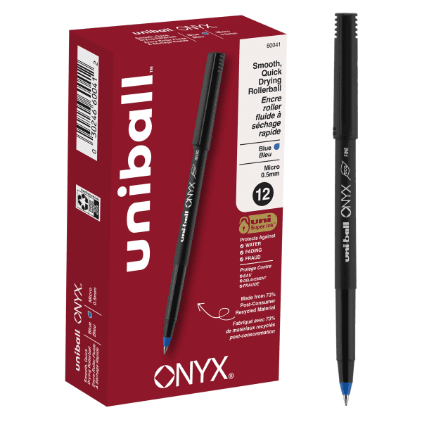 uni-ball® Onyx® Rollerball Pens, Micro Point, 0.5 mm, Black Barrel, Blue Ink, Pack Of 12