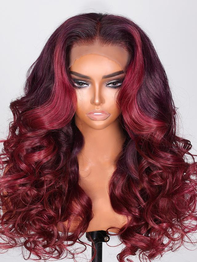 [24"=$79 | With Gift] UNice 13x4 Lace Front Burgundy Loose Wave Wig With Ruby Red Face Framing Highlights