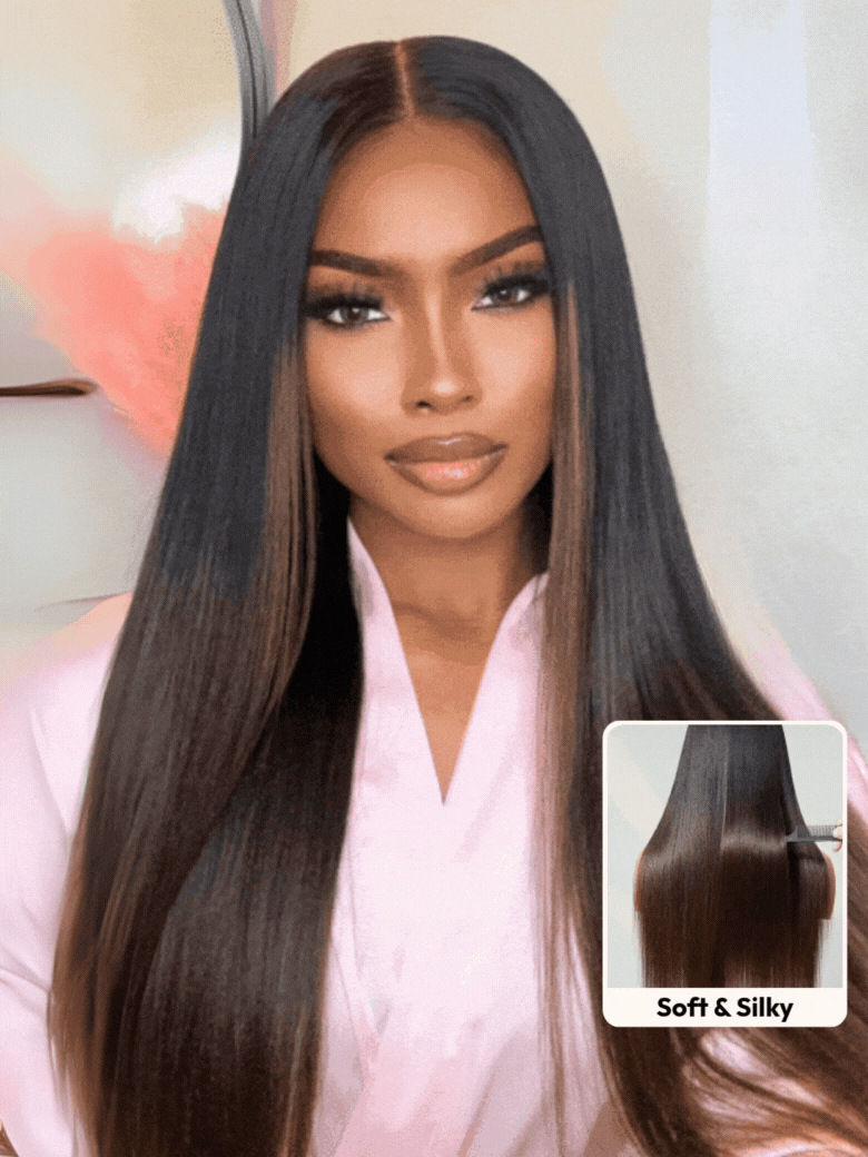 20inch 7x5 Bye-Bye Knots Lace Black to Chestnut Brown Ombre Yaki Straight Wig With Invisi Drawstring