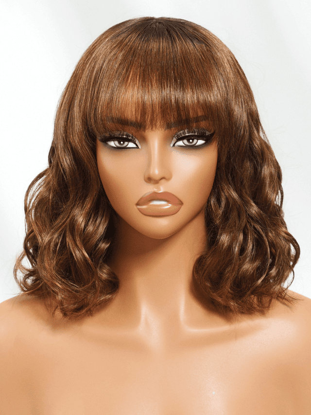 [Ins Only Was $269 Now $69] Chic Brown Bob Wig 4x2 Lace with Bangs Soft Waves Effortless Style Wig