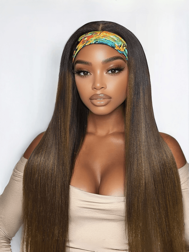 [20''=$89] Low Maintenance Put On & Go Yaki Straight Headband Black To Chestnut Brown Ombre Human Hair Glueless Wig