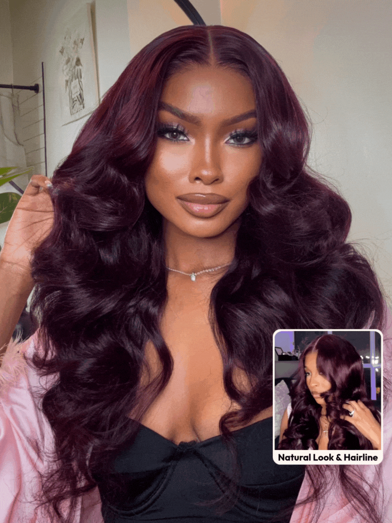 [With Invisi Drawstring]13x4 Pre-Everything™ Lace Frontal Purple Black Cherry Layered Straight & Loose Wave Wig