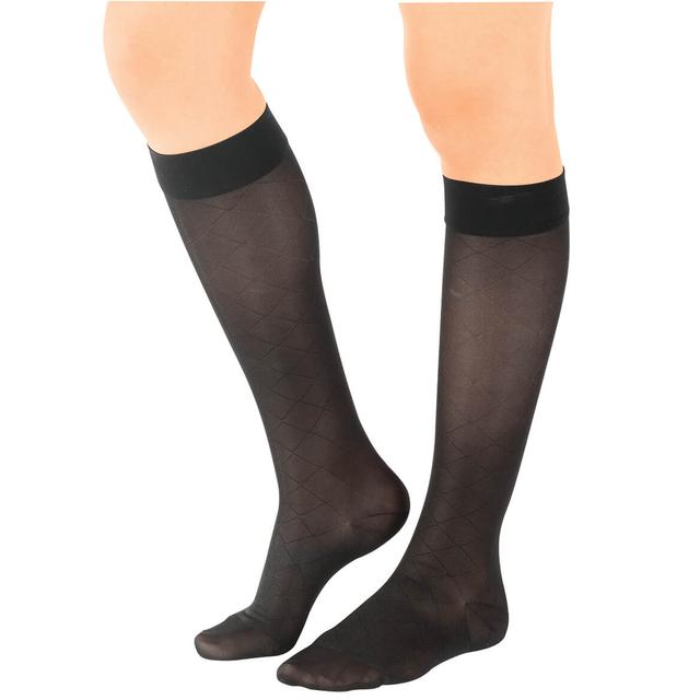 Silver Steps™ Sheer Compression Diamond Knee Highs 15-20mmHg-Black-MED