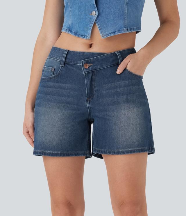 Halara Halara Flex™ Asymmetric Low Rise Pockets Washed Denim Casual Shorts - Blue Jasper Denim - XS(regular)
