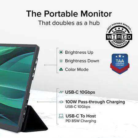 Plugable USB-C Portable Monitor 15.6 Inch, 100W Pass-Through Charging - for Your Laptop, Smartphone or Tablet