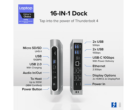 Plugable 16-in-1 Thunderbolt 4 Docking Station for 4 Monitor Setup, 100W Laptop Charging