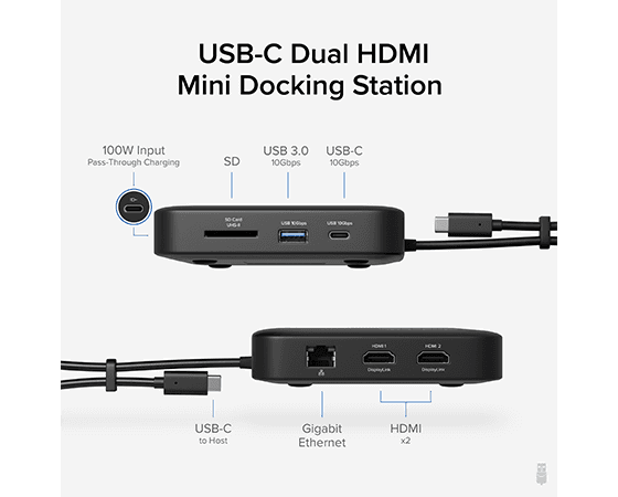Plugable 7-in-1 USB-C Dual HDMI Docking Station, 100W Pass Through Charging