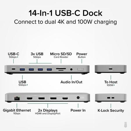 Plugable USB-C Laptop Docking Station, Dual Monitor 4K 60Hz , 2x HDMI or 2x DisplayPort