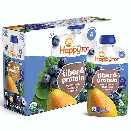 Happy Tots Organics Stage 4 Baby Food Pouches, Fiber & Protein Fruit & Veggie Puree Pears, Blueberries & Spinach - 4.0 oz