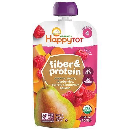 Happy Tots Organics Stage 4 Baby Food Pouches, Fiber Protein Fruit & Veggie Puree Pears, Raspberries, Butternut Squash & Carrots - 4.0 oz