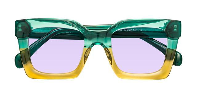 Green/Champagne Oversized Thick Square Tinted Sunglasses with Light Purple Sunwear Lenses - Piper