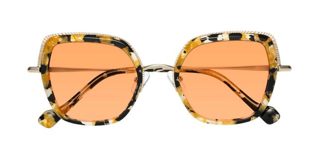 Yellow Floral/Gold Low Bridge Fit Nose Pads Butterfly Tinted Sunglasses with Medium Orange Sunwear Lenses - Yates