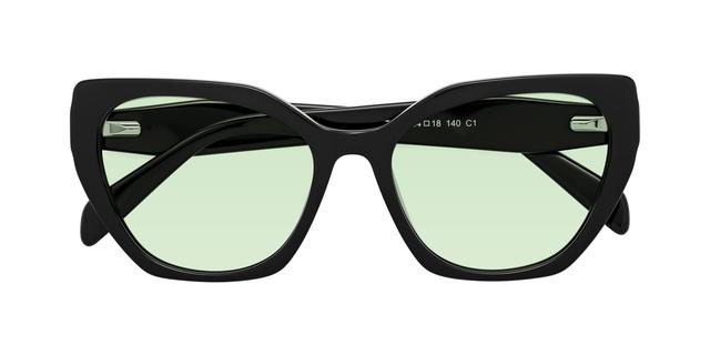 Black Hipster Cat-Eye Geometric Tinted Sunglasses with Light Green Sunwear Lenses - Tilton