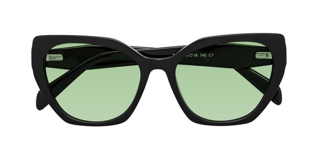 Black Hipster Cat-Eye Geometric Tinted Sunglasses with Medium Green Sunwear Lenses - Tilton