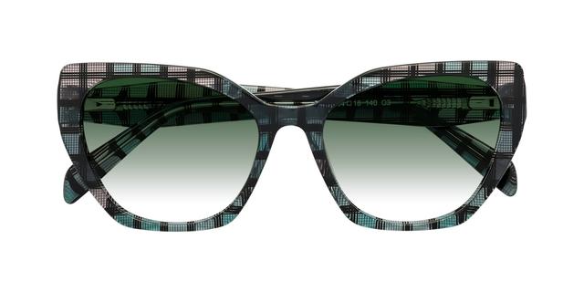 Blue Grid Hipster Cat-Eye Geometric Gradient Sunglasses with Green Sunwear Lenses - Tilton