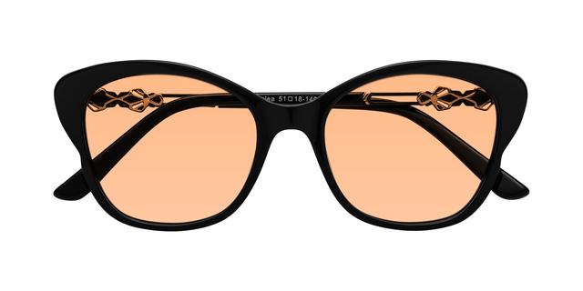 Black Narrow Acetate Butterfly Tinted Sunglasses with Light Orange Sunwear Lenses - Azalea