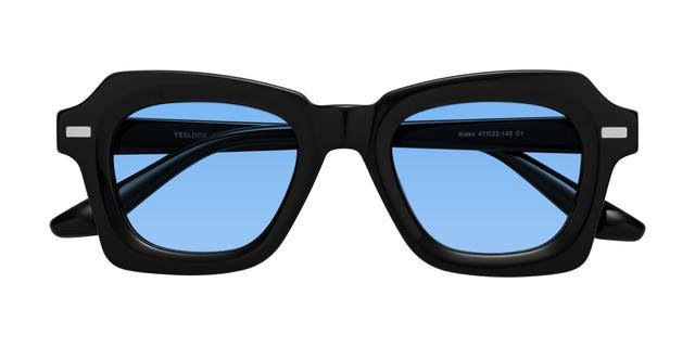 Black Thick Geek-Chic Geometric Tinted Sunglasses with Medium Blue Sunwear Lenses - Alden
