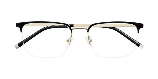 Matte Black/Gold Browline Metal Rectangle Semi-Rimless Blue Light Glasses - Volkho