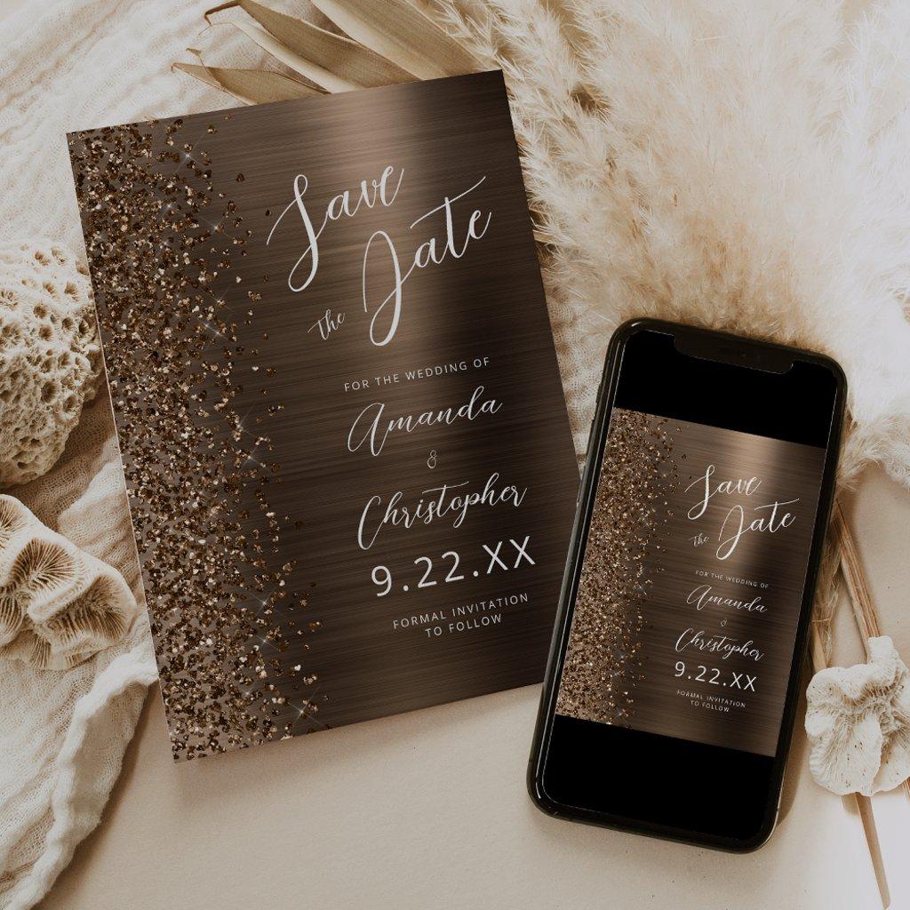 Bronze Brushed Metal Script Save the Date Announcement