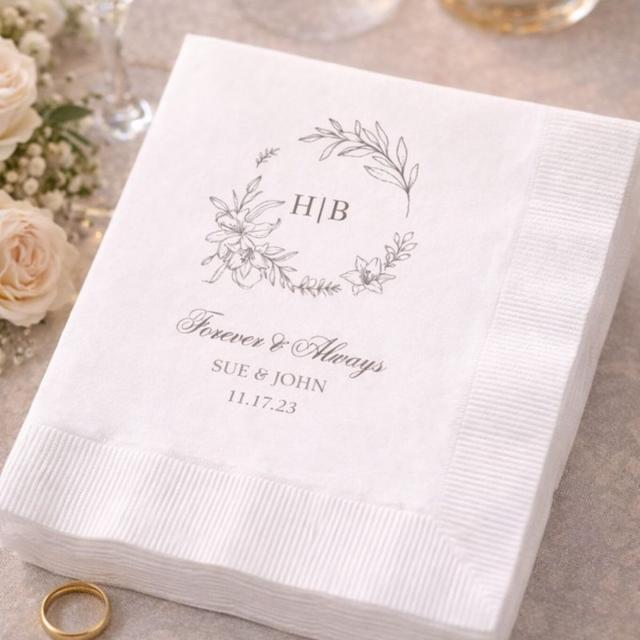 Classic Floral Wreath Monogram Wedding Napkins