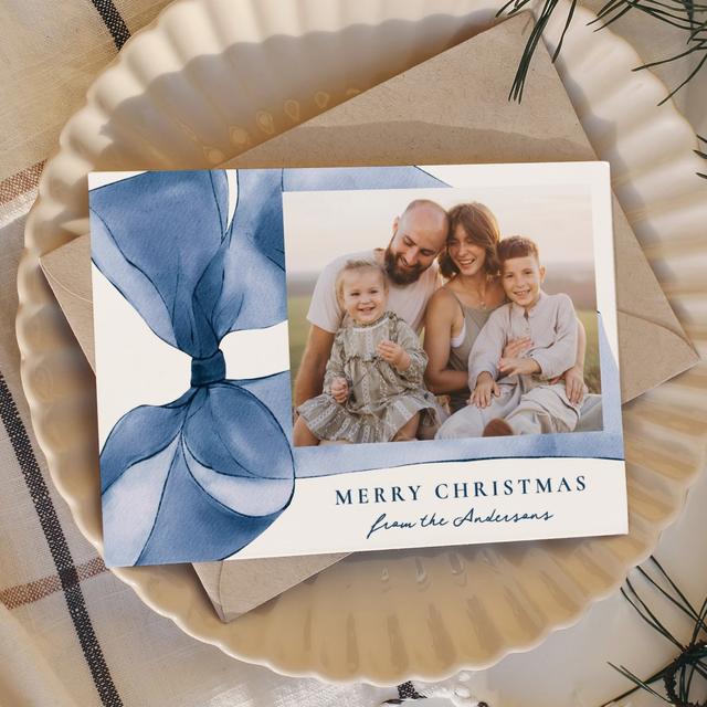 Elegant Blue Watercolor Bow 2 Photo Holiday Card