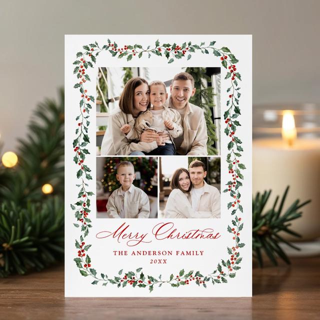 Elegant Holly Berries and Greenery 4 Photo Holiday Card