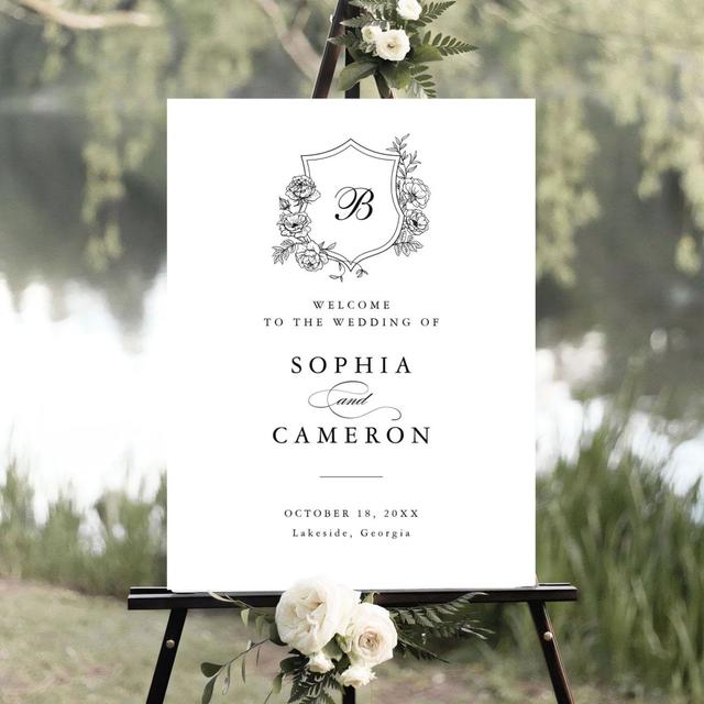 Floral Elegant Roses Monogram Crest Welcome Sign