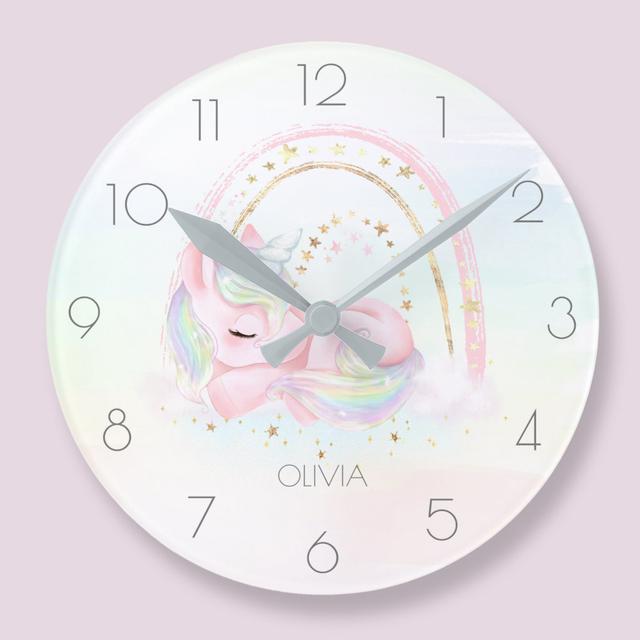 Personalized cute unicorn girl rainbow round clock