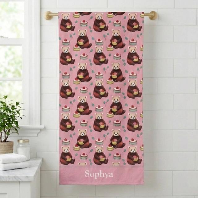 Personalized Pink Red Panda Kids Beach Towel
