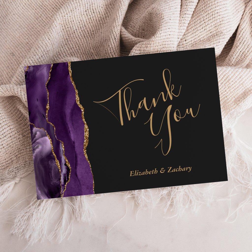 Purple Gold Agate Dark Wedding Flat Thank You Card