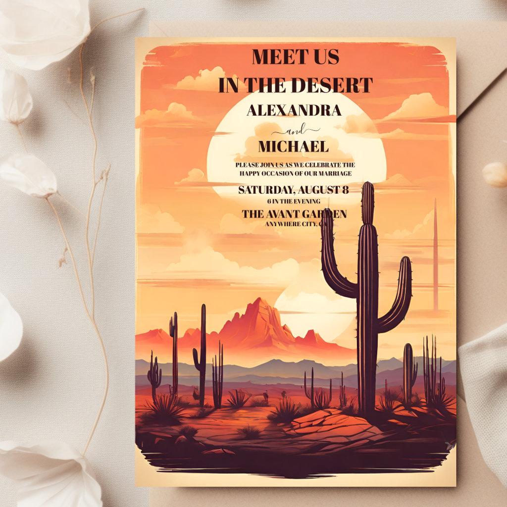 Retro Desert Cactus Illustrated Wedding Invitation