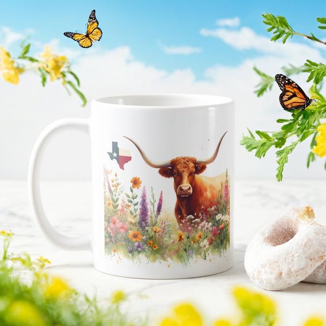 Spring Watercolor Texas Longhorn Coffee Mug