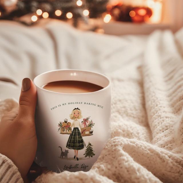 Vintage Christmas Baking Lady with Cat Monogram Coffee Mug