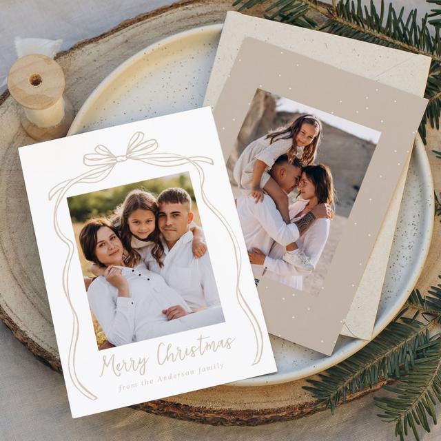 Vintage Taupe Bow Merry Christmas 2 Photo Holiday Card