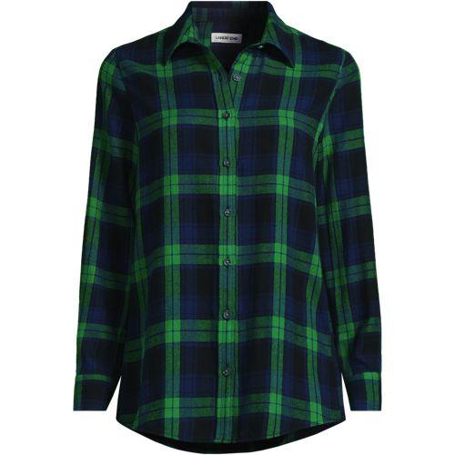 Long Sleeve Flannel Boyfriend Shirt, Women, size: 10-12, petite, Green, Cotton, by Lands' End