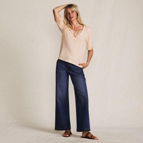 Slub Cotton Lace Trim Top, Women, size: 10-12, regular, Pink, Cotton, by Lands' End