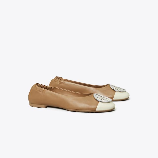 Tory Burch Women's Claire Cap-Toe Ballet in White/Tan, size 4