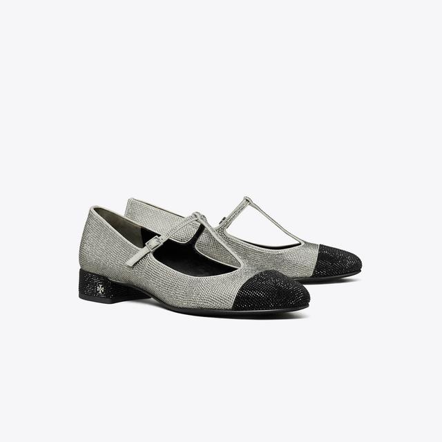 Tory Burch Women's Cap-Toe T-Strap Pavé Heeled Ballet, size 6.5