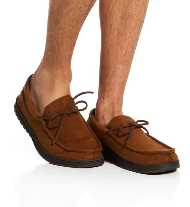 Dearfoams Men's Ethan Perforated Micro Suede Moccasin in Beige (30821) | Size XL | HisRoom.com