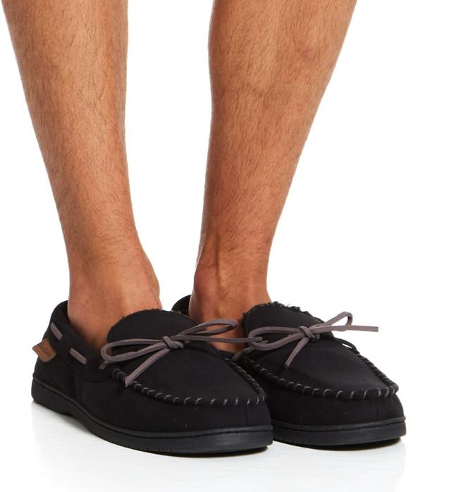 Dearfoams Men's Microfiber Suede Moc Tie Slipper With Memory Foam in Black (80305) | Size Large | HisRoom.com