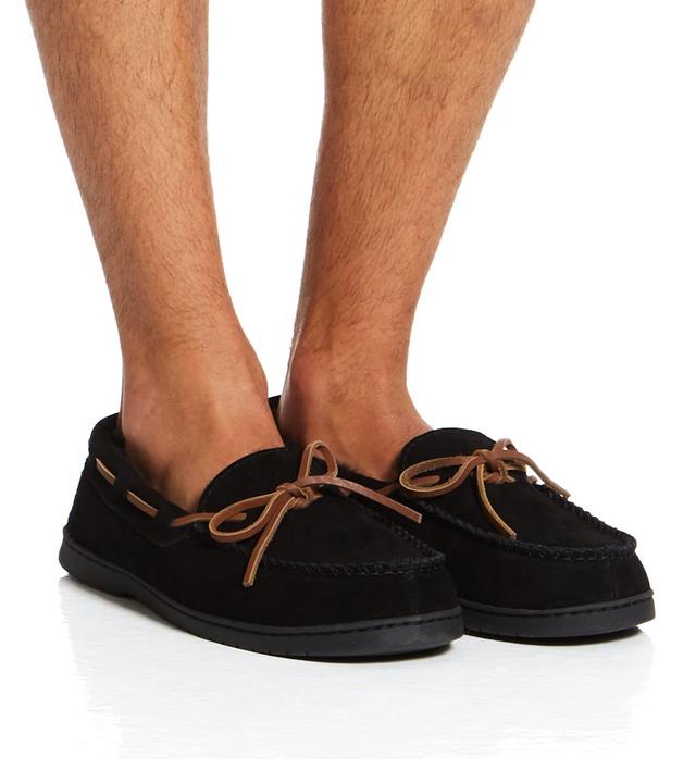Dearfoams Men's Suede Moccasin Slipper With Memory Foam in Black (80313) | Size 12 | HisRoom.com