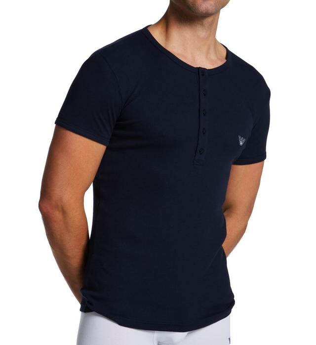 Emporio Armani Men's Ribbed Stretch Cotton Slim Fit Henley T-Shirt in Blue (1120144) | Size Medium | HisRoom.com