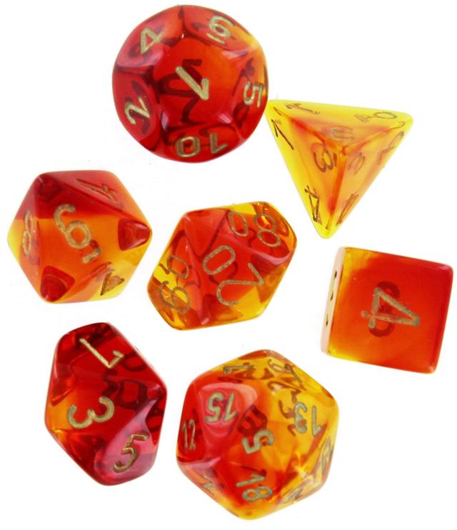 Cube Gemini Translucent Red & Yellow Dice with Gold Numbers, Set of 7